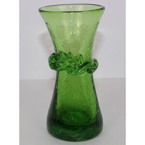 Vintage Green Handblown Crackle Glass Applied Ruffle Bud Vase